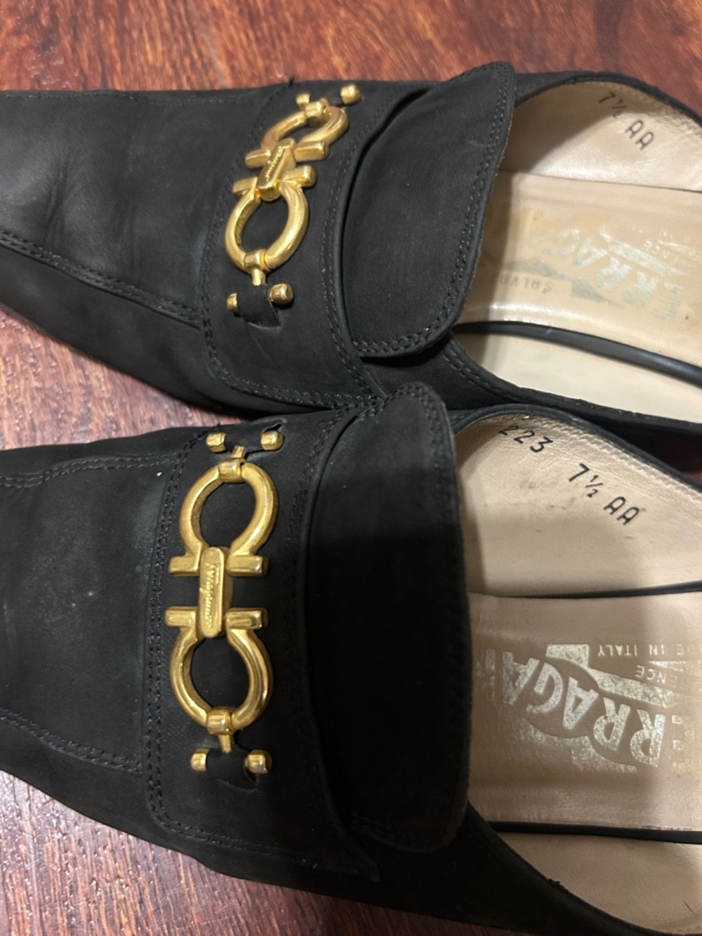 Salvatore Ferragamo Black Suede Mule Loafers with Gold Horsebit